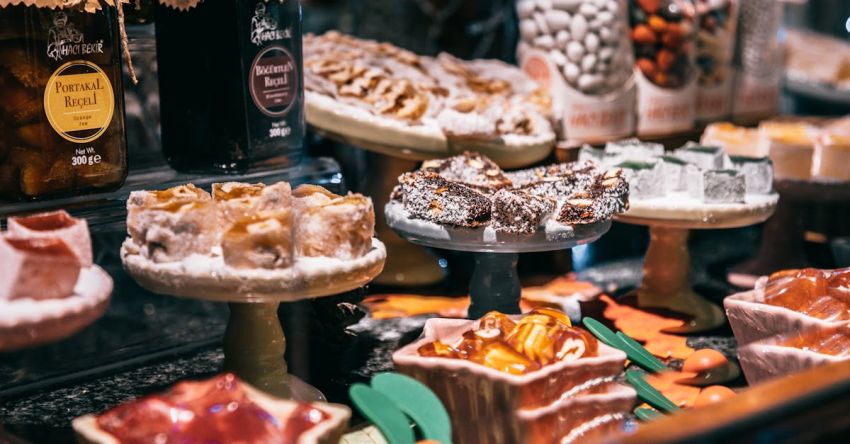 Turkish Delight - Assorted Turkish delights and jam on showcase of market selling delicious traditional sweets